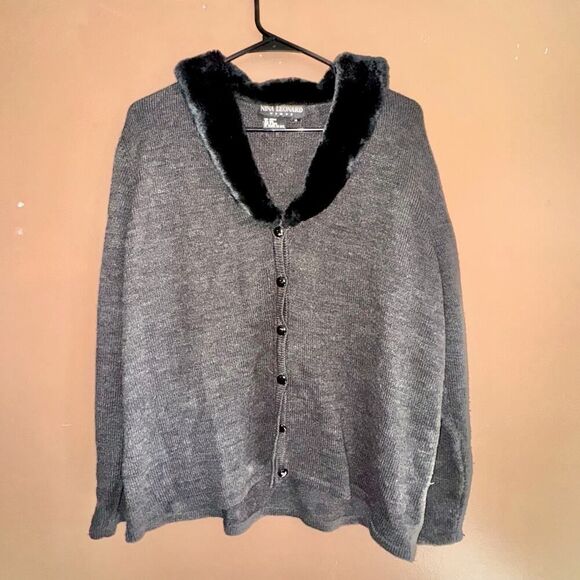 Nina Leonard Women's Faux Fur Trim Button Down Wool Jacket Gray - Size 14 - Picture 4 of 10